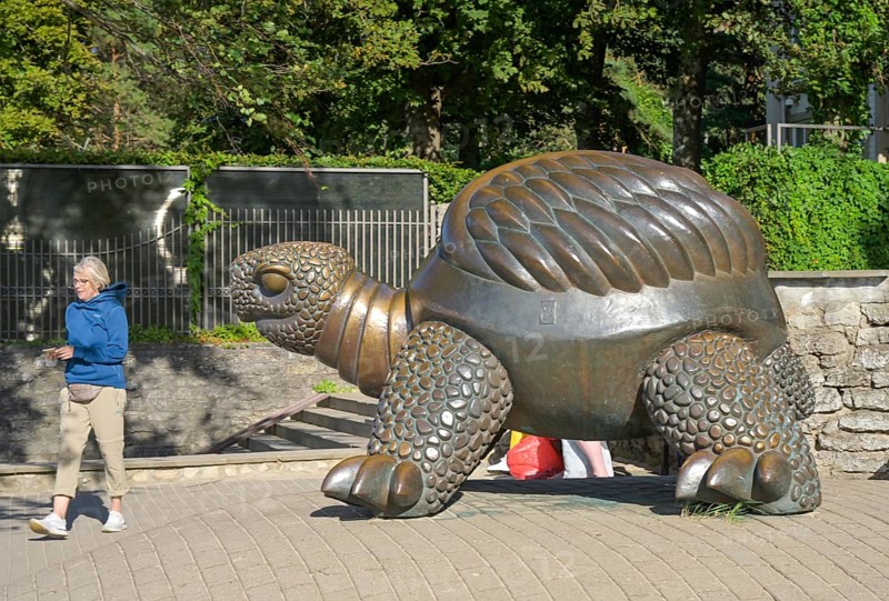 Bronze statue The Turtle, Baltic Sea, beach, waves, Jurmala, Latvia