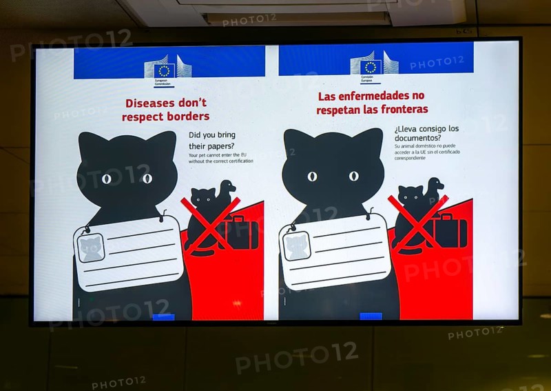 European Union sign about pet certification control at EU borders, Barcelona airport, Spain