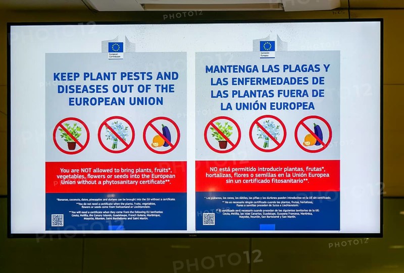 European Union sign about plant disease control from imported plants, fruits, vegetable products, Barcelona airport, Spain