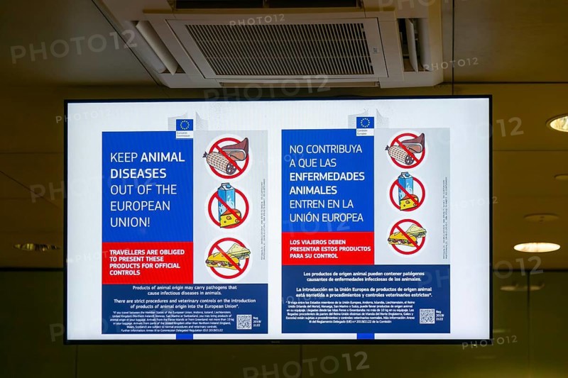 European Union sign about animal disease control from imported food products, Barcelona airport, Spain
