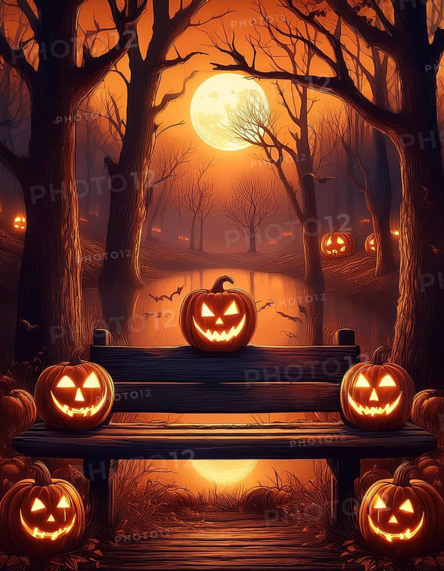 Park bench with five illuminated carved pumpkins under a bright full moon in a dark forest, capturing the spooky Halloween atmosphere, AI generated