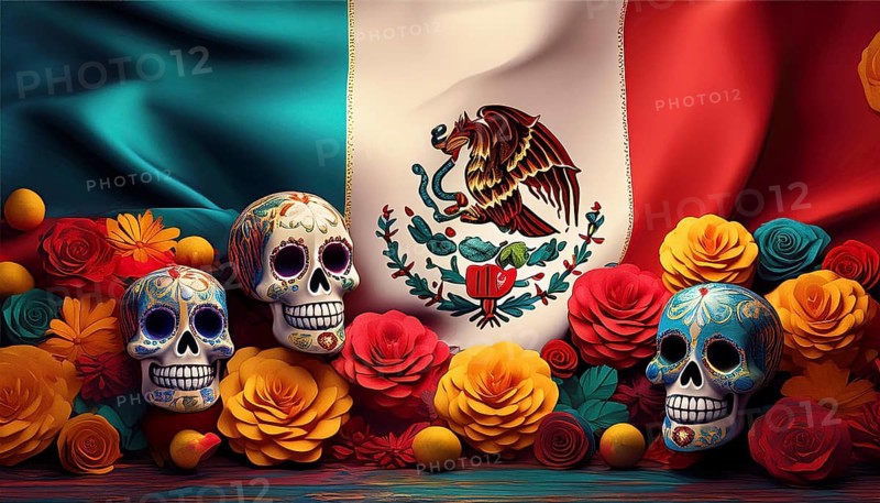 Vibrantly painted skulls and colorful floral decorations placed in front of the Mexican flag, symbolizing the Day of the Dead celebration and Mexican cultural heritage, AI generated