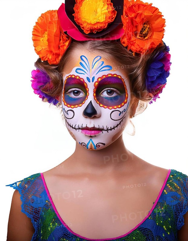 A young girl with traditional Day of the Dead face paint and a vibrant floral headpiece, wearing a lace dress. The portrait captures the essence of Mexican cultural heritage with a bright, isolated background, AI generated
