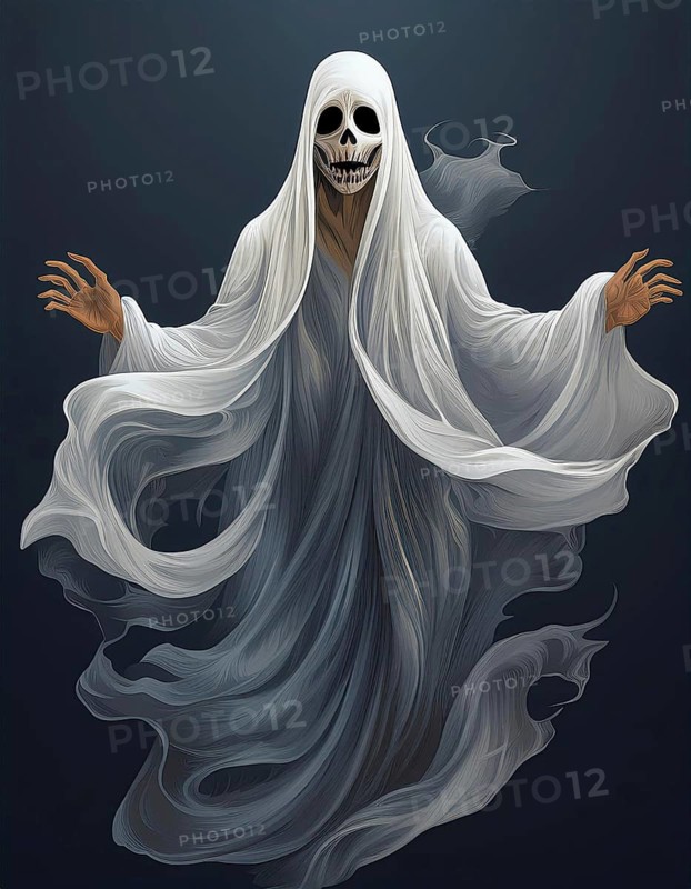 Grim reaper with a skeletal face and outstretched hands, cloaked in flowing white robes against a dark background, creating a haunting and eerie Halloween image, AI generated