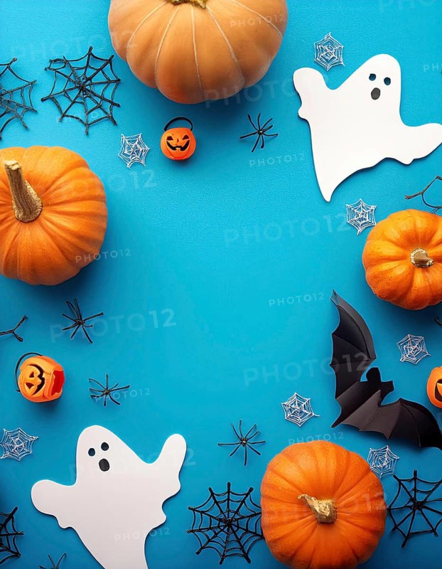 Halloween-themed flat lay featuring pumpkins, paper ghosts, spiders, bat cutout, and spider webs on a vibrant blue background, creating a festive and playful atmosphere, AI generated