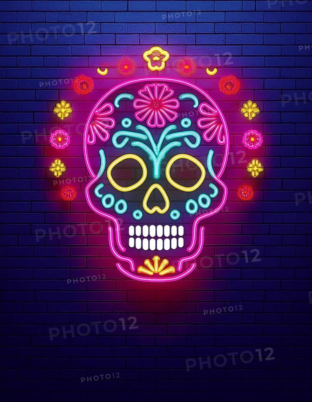 A vibrant neon sugar skull design is illuminated against a dark brick wall, symbolizing the colorful and festive spirit of Día de Muertos, a significant cultural celebration in Mexico, AI generated