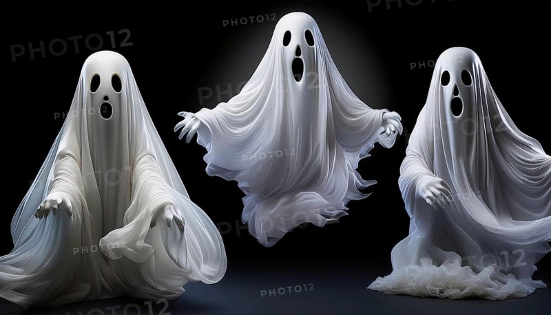 Trio of ghost figures draped in flowing white sheets, with expressive faces, floating against a dark background, creating a spooky Halloween scene, AI generated