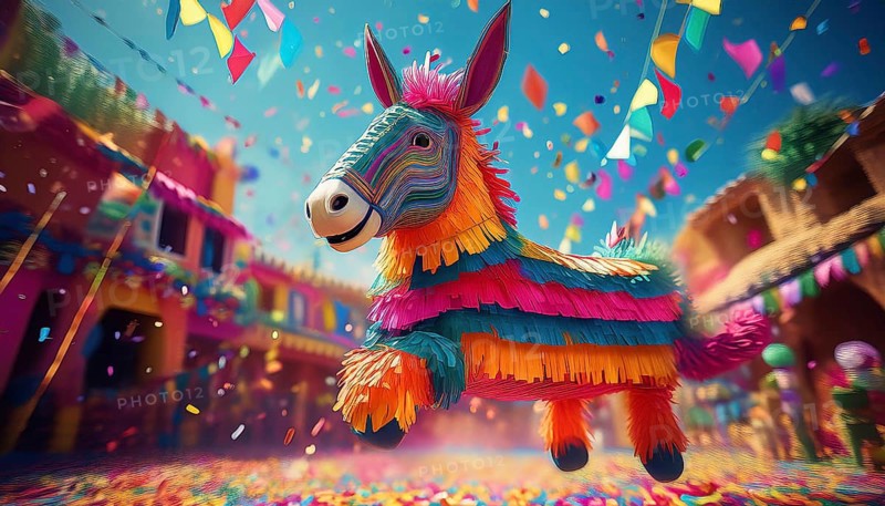 A colorful donkey piñata in mid-air surrounded by festive decorations and confetti, set against a lively street backdrop during a traditional celebration, AI generated