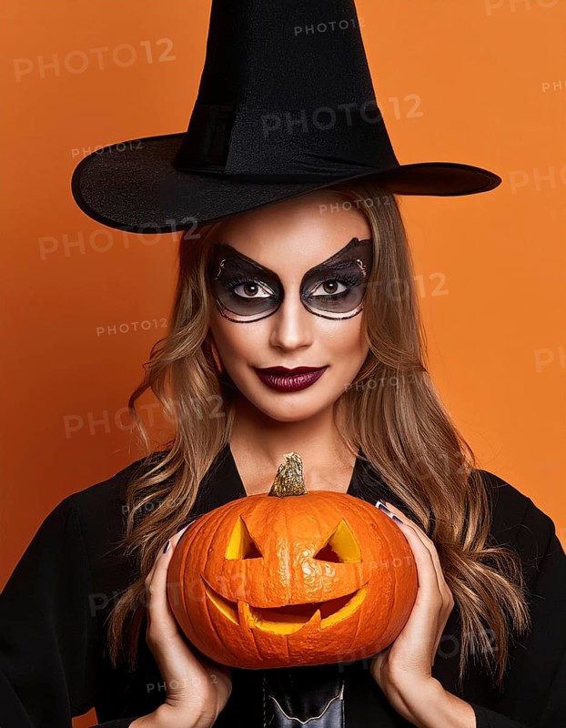 A woman dressed as a witch, with dark makeup and a black hat, holds a carved pumpkin while standing against an orange background, embodying the Halloween spirit, AI generated