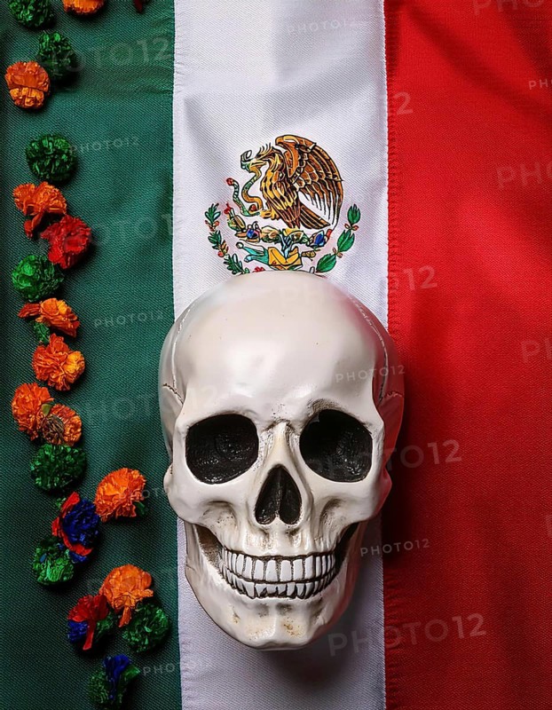 A skull placed on the Mexican flag, accompanied by a colorful marigold garland, symbolizing the Day of the Dead and reflecting Mexican cultural heritage, AI generated
