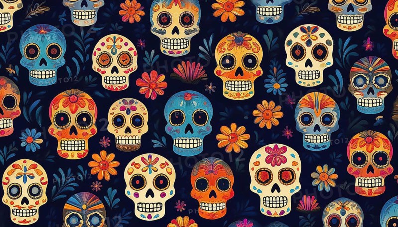 Vibrant pattern of colorful sugar skulls and flowers on a dark background, symbolizing the Dia de Muertos celebration, AI generated