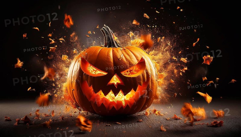 A menacing glowing jack-o'-lantern surrounded by flying autumn leaves creates a fiery and spooky Halloween scene against a dark backdrop, AI generated