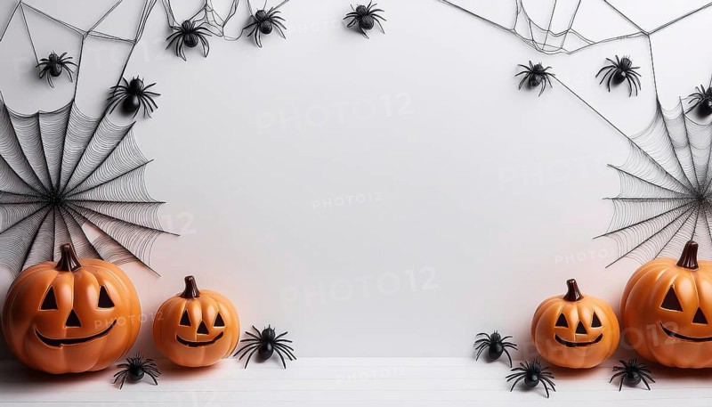 Carved jack-o'-lanterns are surrounded by black spider webs and plastic spiders against a clean white background. The minimalist design creates a playful Halloween scene, AI generated