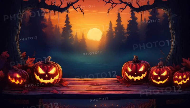 Halloween scene featuring glowing jack-o'-lanterns on a wooden bench, framed by trees in a spooky forest at sunset. The warm colors create a mysterious and eerie atmosphere, AI generated