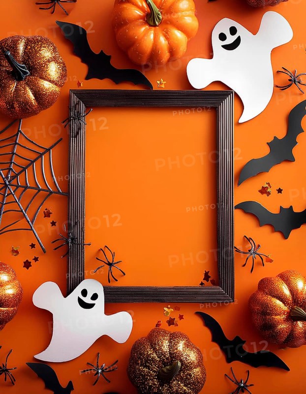 A Halloween-themed frame surrounded by pumpkins, ghost cutouts, bats, spiders, and a spiderweb on a vibrant orange background. Ideal for festive holiday designs, AI generated