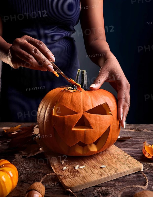 A close-up of a person carving a spooky jack-o'-lantern on a wooden board, preparing for Halloween, with pumpkin seeds scattered around, AI generated