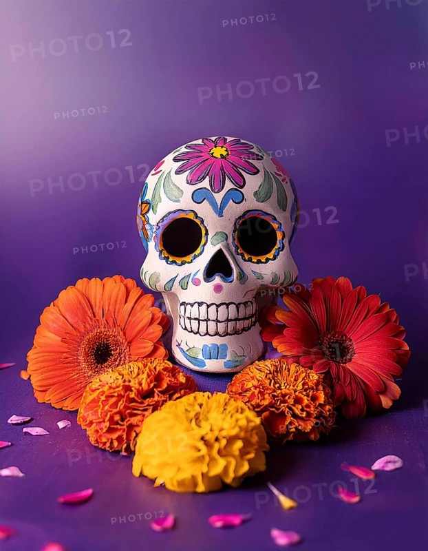 A vibrant sugar skull adorned with floral designs, surrounded by marigolds and gerbera daisies against a purple background. This image embodies the festive spirit of Día de Muertos, AI generated