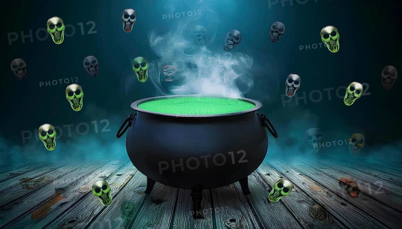 A large black cauldron filled with a glowing green potion surrounded by eerie floating skulls. The spooky Halloween-themed scene is set on wooden flooring with mist, AI generated