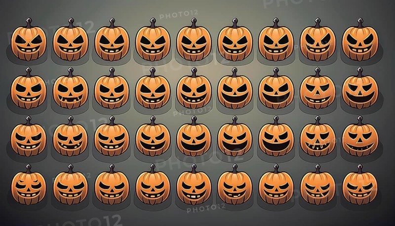 A seamless pattern of jack-o'-lantern faces showing various spooky and mischievous expressions. Perfect for Halloween designs, decorations, or backgrounds, AI generated