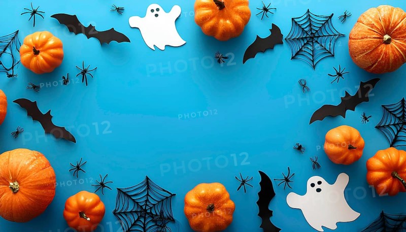 Halloween flat lay with pumpkins, ghost cutouts, bats, spiders, and spiderwebs on a bright blue background. Perfect for festive and spooky holiday designs, AI generated