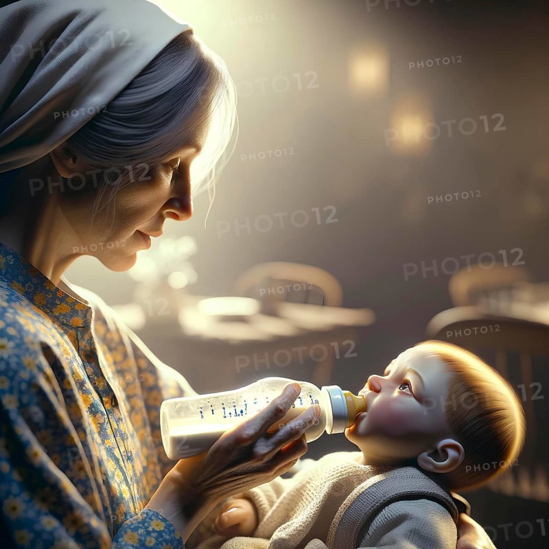 A grandmother in a headscarf gives her grandchild a bottle feed in a softly lit room, AI generated