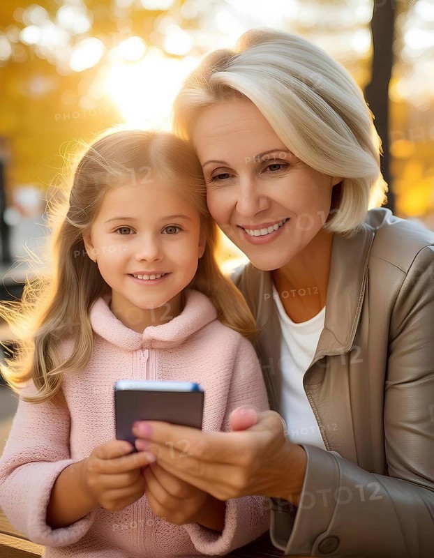 A woman and a little girl are sitting together and looking at a cell phone. The woman is smiling and the girl is also smiling. Scene is happy and friendly, AI generated