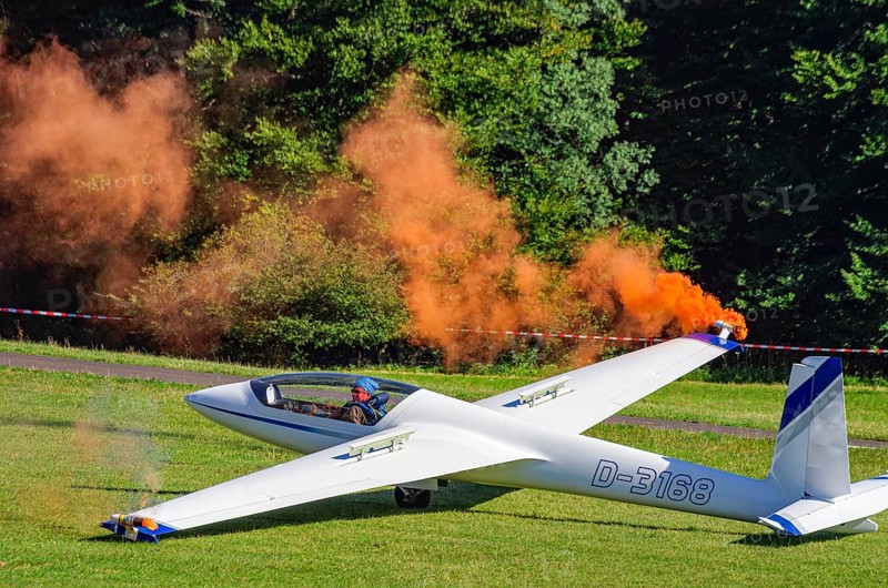 A Marganski Swift S-1 glider, registration D-3168, during a demonstration as part of an air show at the Fliegerbergfest of the Rossfeld Luftsportverein in Metzingen-Glems, Baden-Württemberg, Germany, for editorial use only