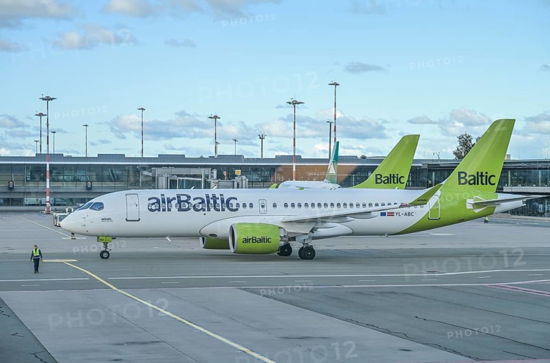 Runway, apron, aircraft Air Baltic, airport, Riga International Airport, Riga, Latvia