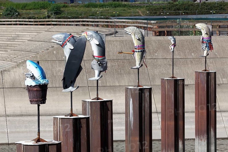 Art installation What If They Bark, fish sculptures by conceptual artist Cosima von Bonin, Urbane Künste Ruhr, Duisburg, North Rhine-Westphalia, Germany