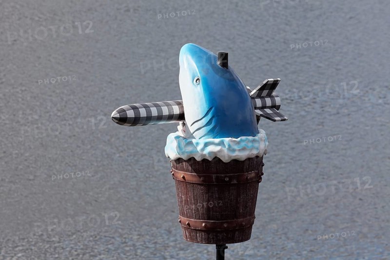 Fish sculpture with rocket in mouth, art installation What If They Bark by conceptual artist Cosima von Bonin, Urbane Künste Ruhr, Duisburg, North Rhine-Westphalia, Germany
