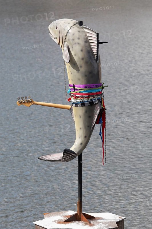 Fish sculpture with guitar, art installation What If They Bark by conceptual artist Cosima von Bonin, Urbane Künste Ruhr, Duisburg, North Rhine-Westphalia, Germany