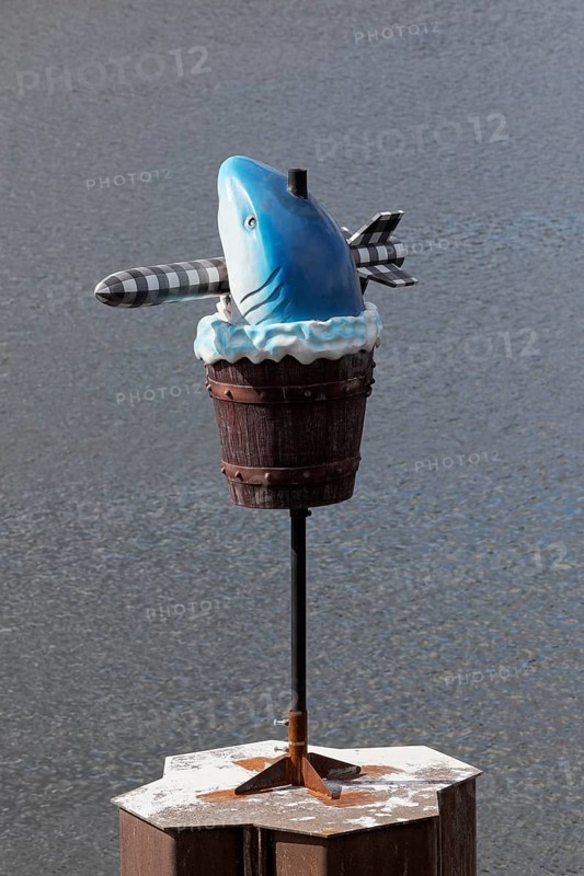 Fish sculpture with rocket in mouth, art installation What If They Bark by conceptual artist Cosima von Bonin, Urbane Künste Ruhr, Duisburg, North Rhine-Westphalia, Germany