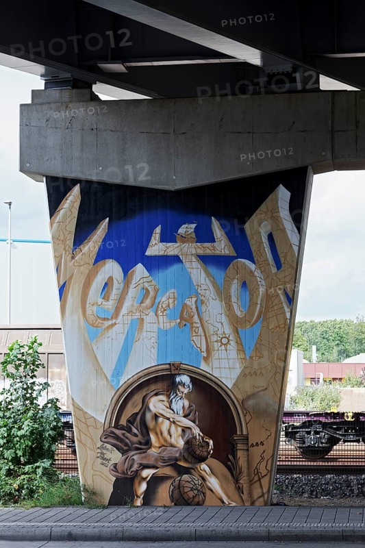 Gerhard Mercator graffiti on a concrete pillar of the A59, famous geographer of the 16th century, Duisburg, North Rhine-Westphalia, Germany
