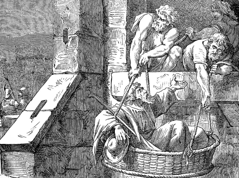 Paul flees in a basket through a window on the wall and escapes from Damascus, 2nd letter to the Corinthians, chapter 11, steward, king Aretas, seizing, escaping, New Testament, Bible, historical illustration 1877