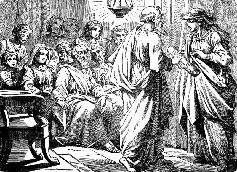 Paul hands Phoebe the letter to Christians in Rome, epistle of St. Paul to the Romans, chapter 16, Sister Phoebe, Kenchrea, assistance, room, oil lamp, group, New Testament, Bible, historical illustration 1877