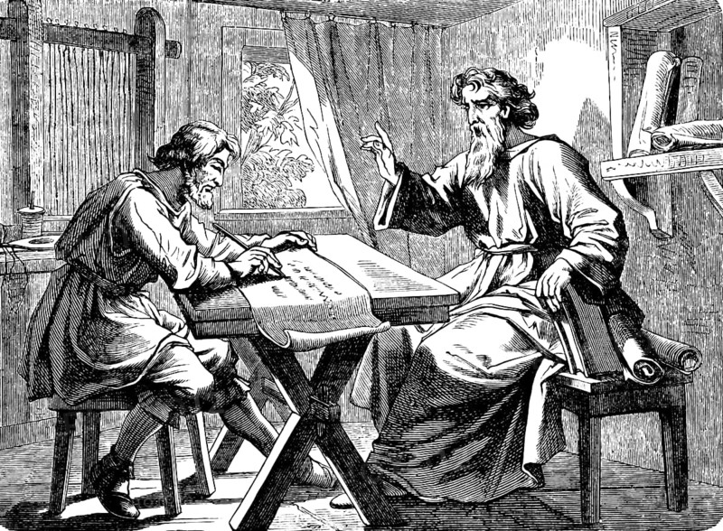 Paul dictates to Tertius the letter to the Romans, epistle of St. Paul to the Romans, chapter 16, room, table, bench, scrolls, scribe, pen, New Testament, Bible, historical illustration 1877
