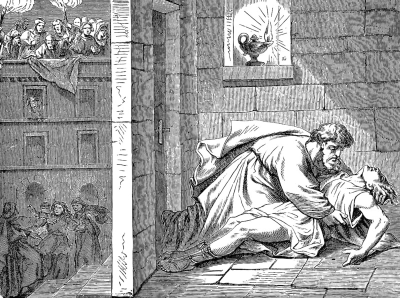 Eutychus fell down in deep sleep and died, Paul awakens him, his soul is in him, Acts of St. Luke, chapter 19, boy, comfort, Troas, New Testament, Bible, historical illustration 1877