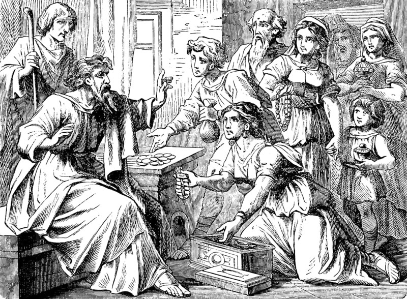 Paul receives gifts of love for the poor Christians in Jejuselah, Who collects much does not have abundance, 2 Corinthians letter, chapter 8, money, collection, coins, box, money bag, table, generosity, grace of Jesus Christ, New Testament, Bible, historical illustration 1877