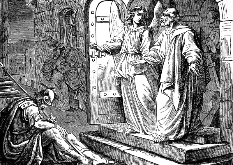 An angel frees Peter from prison, get up and the chains fell from his hands, Acts of St. Luke, chapter 12, King Herod, prison, sleep, night, angel of God, four watchmen, divine help, New Testament, Bible, historical illustration 1877