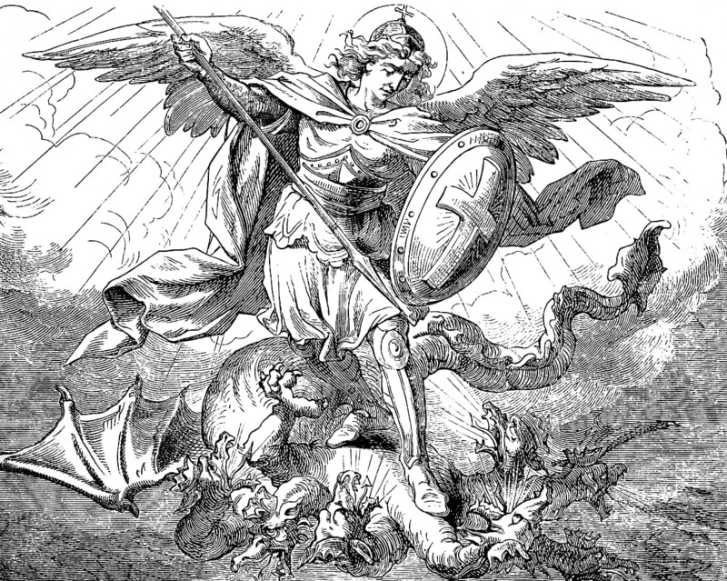 Michael's dispute with the dragon who carried seven heads with seven crowns and ten horns, The Revelation of the Evangelist St. John, chapter 12, sky, sign, moon, torment, birth, red dragon, tail, stars, woman, child eating, son, desert, New Testament, Bible, historical illustration 1877