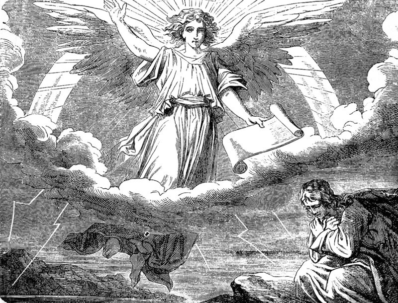 The angel with the booklet disguised in a cloud, his feet as pillars of fire, The Revelation of the Evangelist St. John, chapter 10, foot, rainbow, sea, earth, lion, thunder, sun, voice, New Testament, Bible, historical illustration 1877