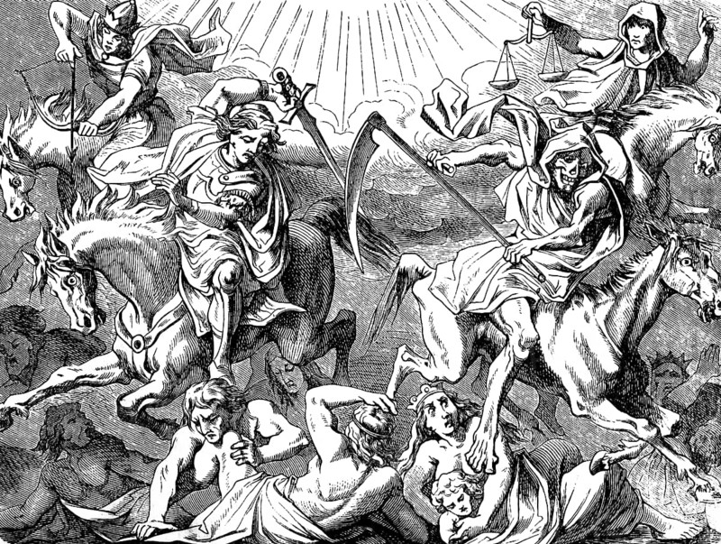 Opening of the four seals, The Revelation of the Evangelist St. John, chapter 6, ray of light, crown, horses, peace, scale, sickle, bow and arrow, sword, death, hell, hunger, earth, wheat, groschen, words of God, earthquake, moon, blood, stars, mountains, Bible, historical illustration 1877