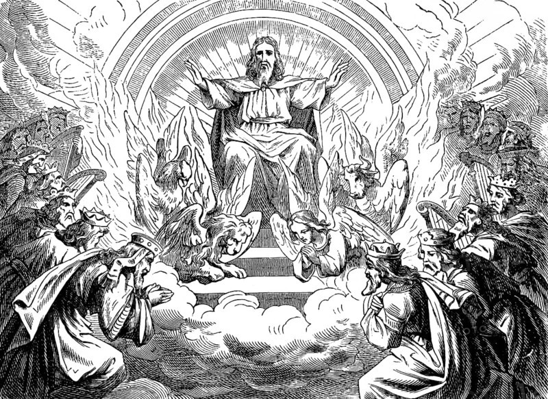 The Throne of the Majesty of God, See in Heaven, The Revelation of St. John the Evangelist, Chapter 4, Rainbow, Emerald, 24 Chairs, 24 Elders, White Garments, Golden Crowns, Seven Facles, Seven Spirits of God, Lion, Calf, Flying Eagle, New Testament, Bible, Historical Illustration 1877