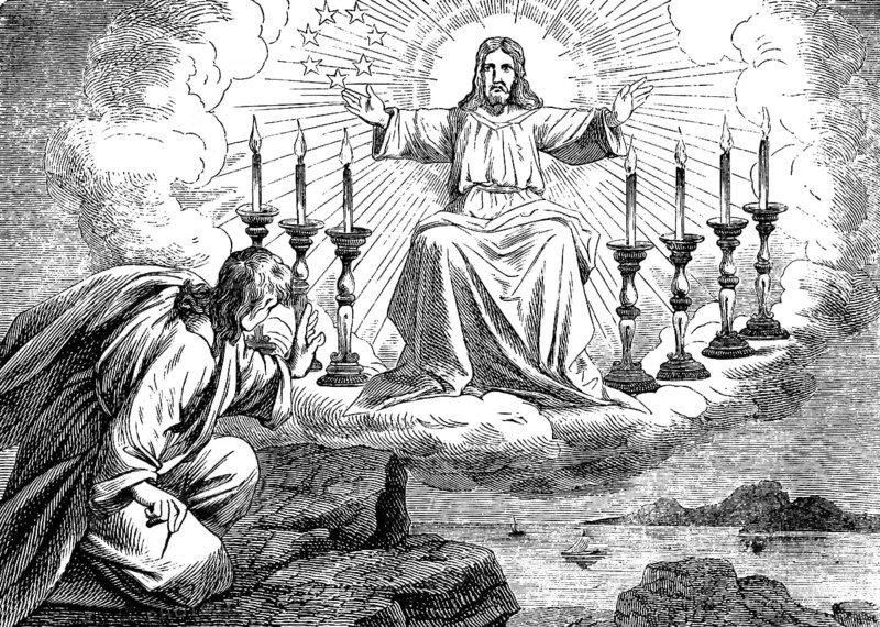 Symbolic picture for the introduction, John looking at the Son of Man among the seven lamps, The Revelation of the Evangelist St. John, chapter 1, cloud in the sky, ray of light, seascape, mountains, islands, seven spirits of God, New Testament, Bible, historical illustration 1877