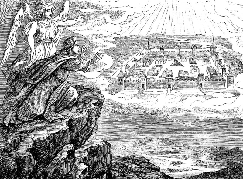 John looks at the new Jerusalem in heaven, a river as clear as crystal, The Revelation of the Evangelist St. John, chapter 21, alleys of gold, twelve gates with pearls, temple, glory of God, Lamb shines, Lamb's book of life, ray of light, angel, Bible, historical illustration 1877