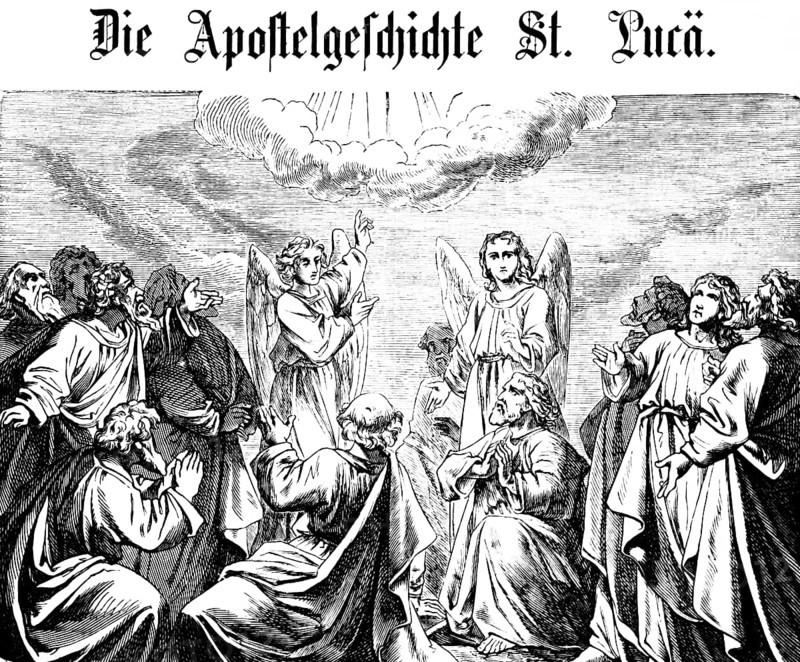 Symbolic picture of the Ascension of the Acts of the Apostles St. Luke, ray of light, cloud, angel, Jesus' disciples, title, New Testament, Bible, historical illustration 1877