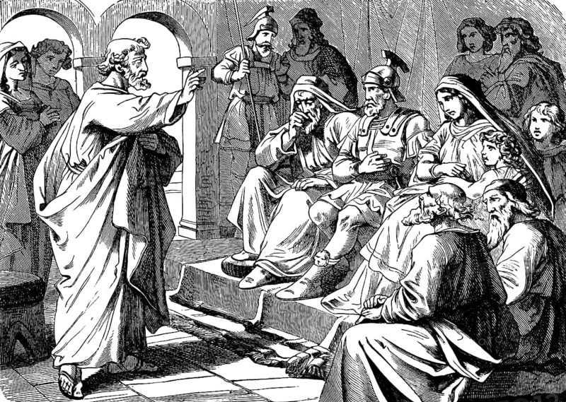Peter preaches to gentiles in the house of Cornelius, a Roman captain, Acts of St. Luke, chapter 10, forgiveness of sins, circumcision, holy spirit, praise God, Roman Empire, Roman, baptism, Christianity, New Testament, Bible, historical illustration 1877