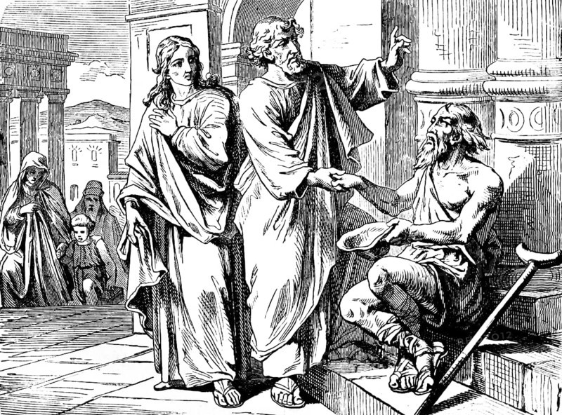Healing the lame man, Peter and John in front of the temple door, in the name of Jesus Christ of Nazareth stand up and walk, Acts of St. Luke, chapter 3, beggars, alms, temple visitors, walking, standing, praising God, New Testament, Bible, historical illustration 1877