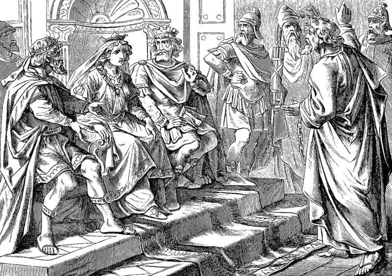 Paul in front of King Agrippa, his sister Benice and Festus in the Judgment House, Acts of St. Luke, chapter 26, speech, presentation, curriculum vitae, God, Pharisee, New Testament, Bible, historical illustration 1877