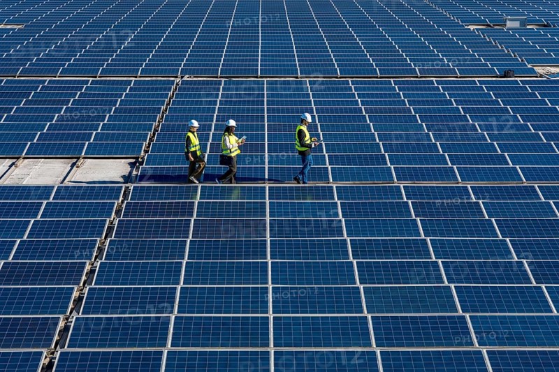 Team of diverse engineers walking across a large solar farm, checking photovoltaic panels and ensuring the efficient operation of the renewable energy facility